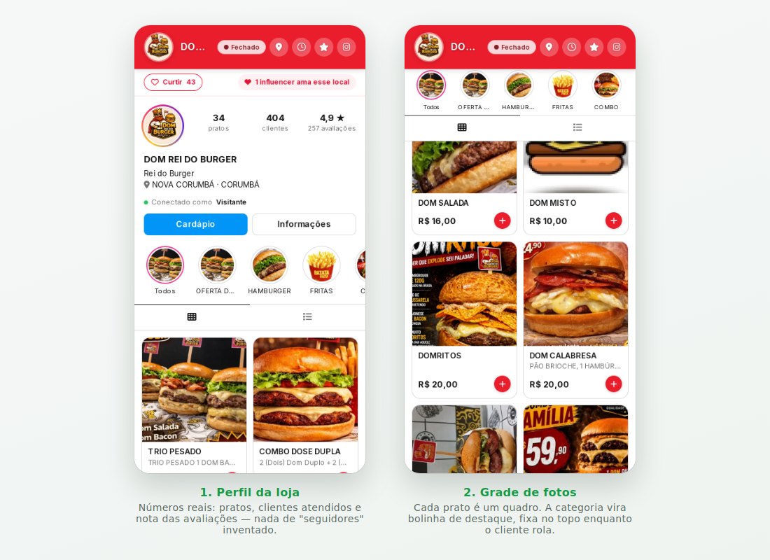 Cardápio digital em formato de feed: tela de perfil da loja e grade de fotos dos pratos