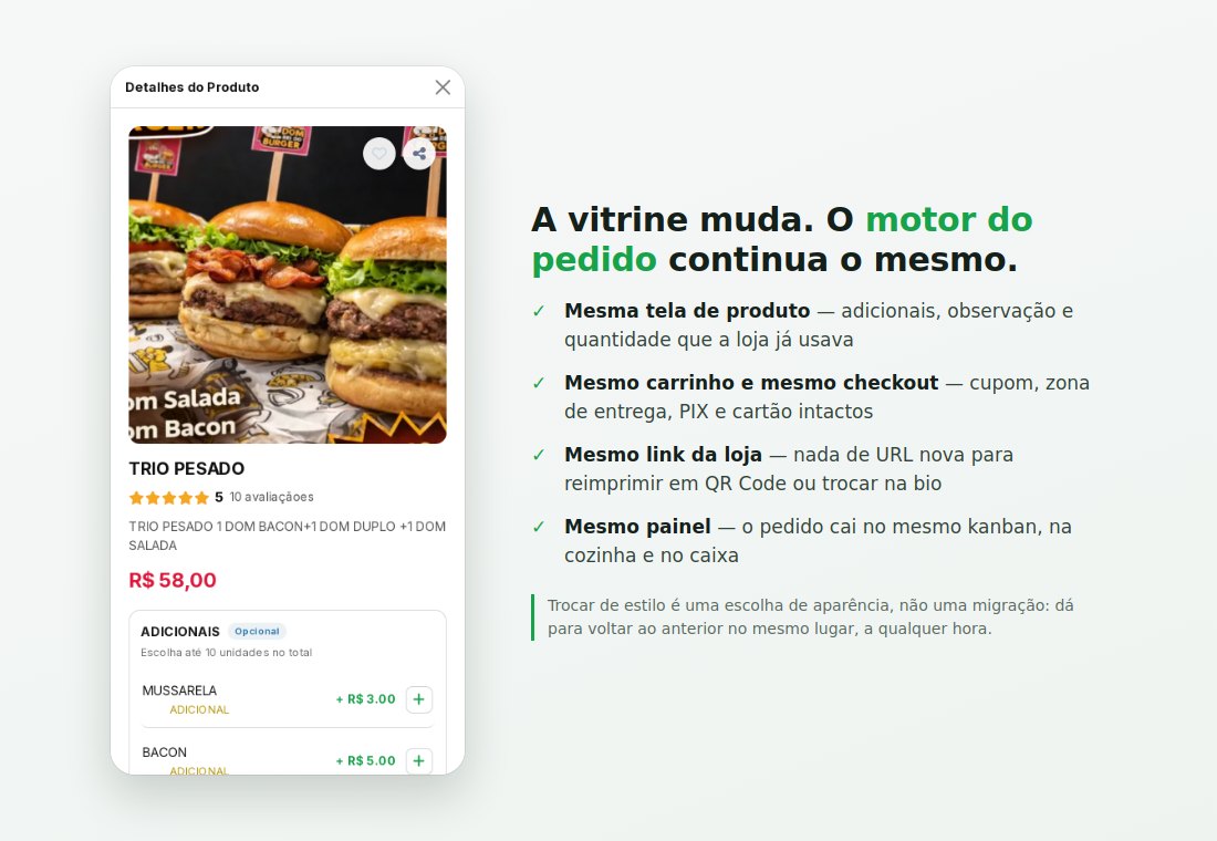 A vitrine muda mas o motor do pedido continua o mesmo: produto, carrinho, checkout e painel
